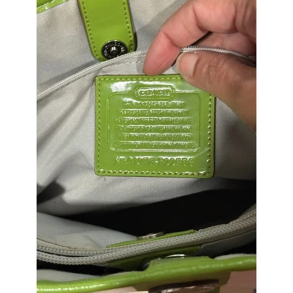 Coach Signature Monogram Tote Bag Blue Green White Leather Trim 15" by 11" - Picture 9 of 11